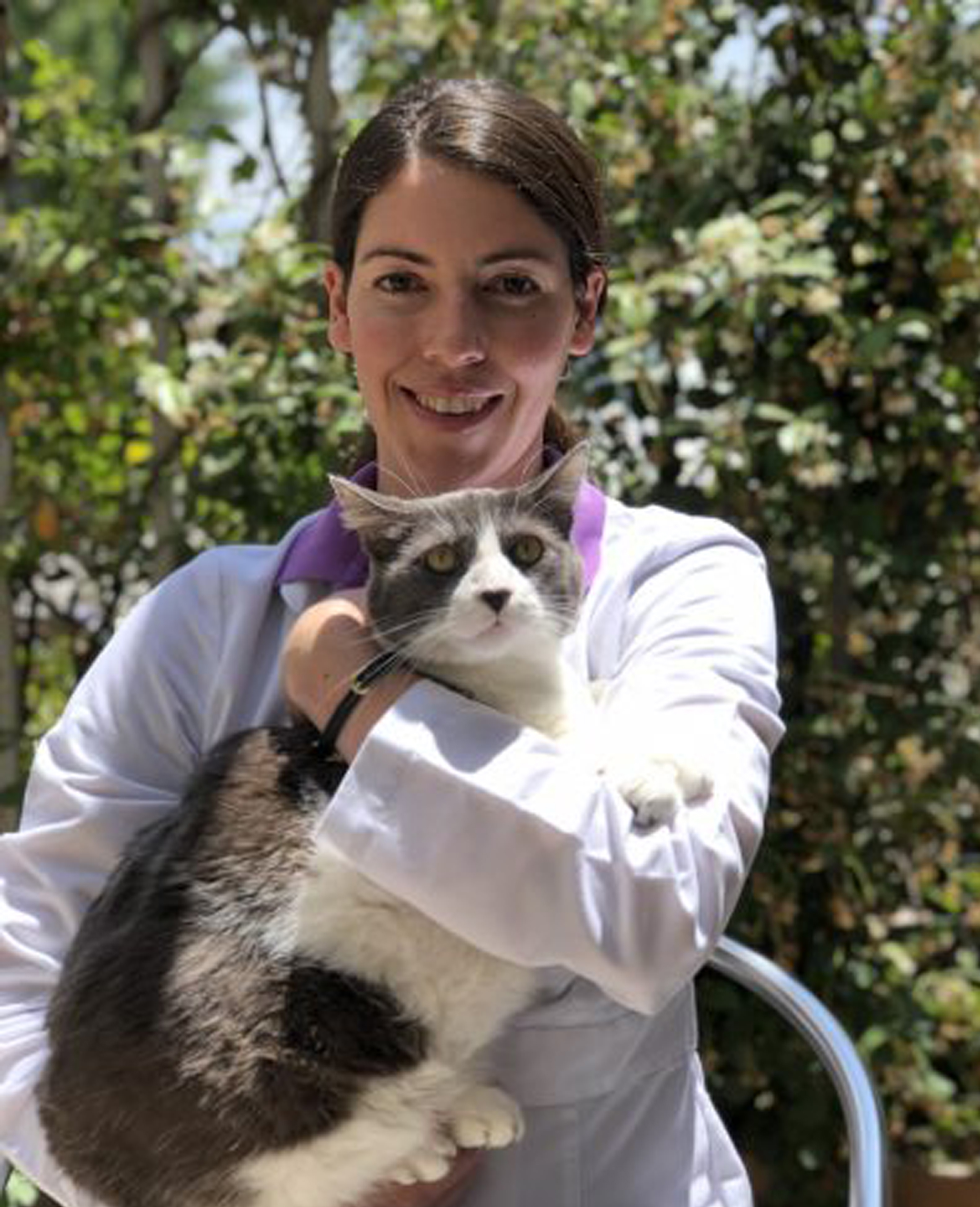 Dr. Lucy Cohen, a female veterinarian with her long, brown hair pulled back, hugs a gray and white cat and smiles at the camera.