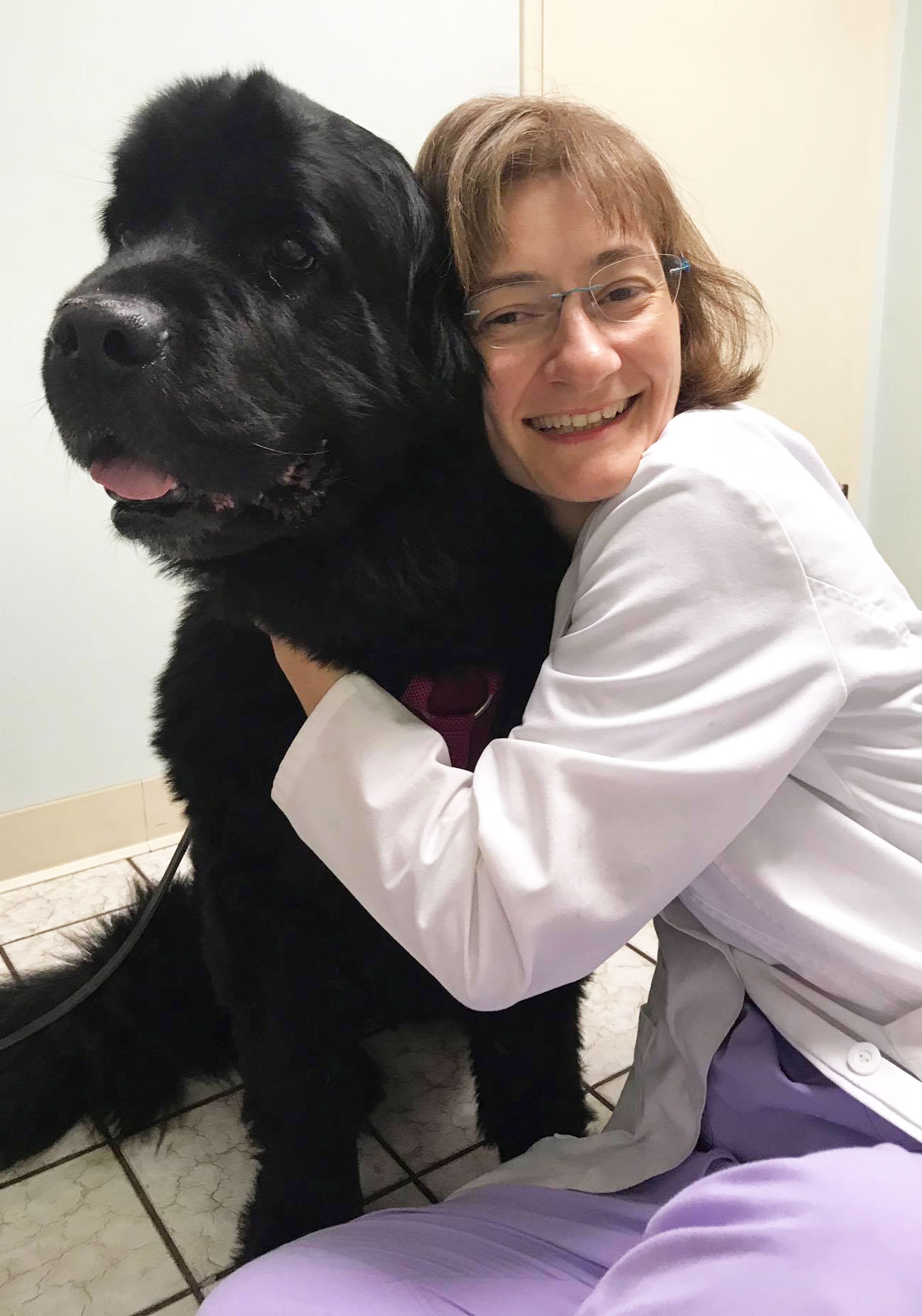 Dr. Nicoleta Popescu sitting on the floor, smiling and hugging a large black Newfoundland dog.